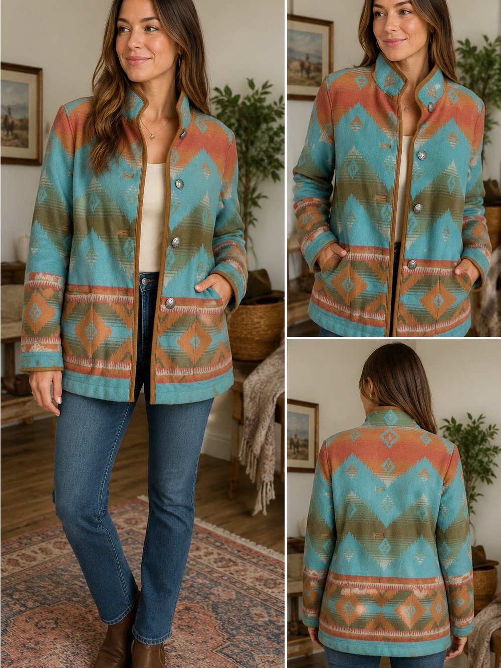 Vintage Pendleton Aztec-Style Wool Coat in Teal and Rust